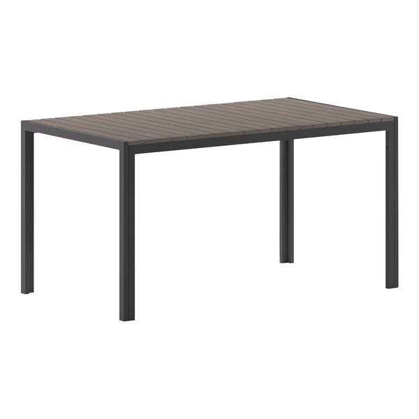 A rectangular brown faux teak table top with a gray metal frame.