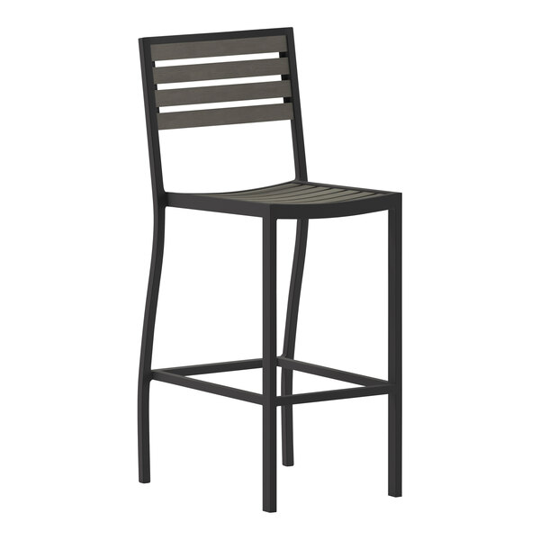 A black stackable barstool with a faux teak seat.