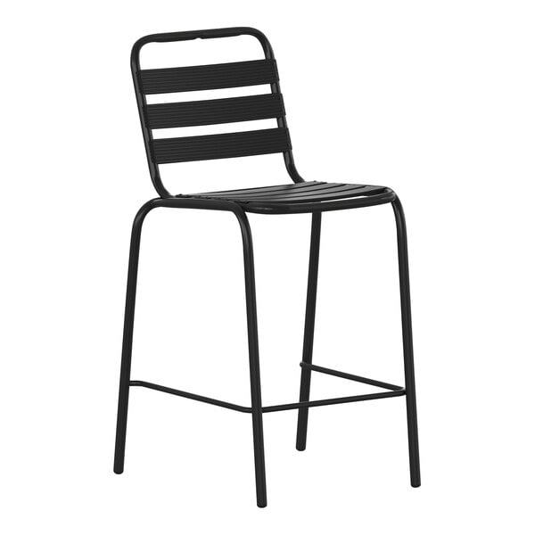 A Flash Furniture black aluminum slat stackable barstool with a metal frame.