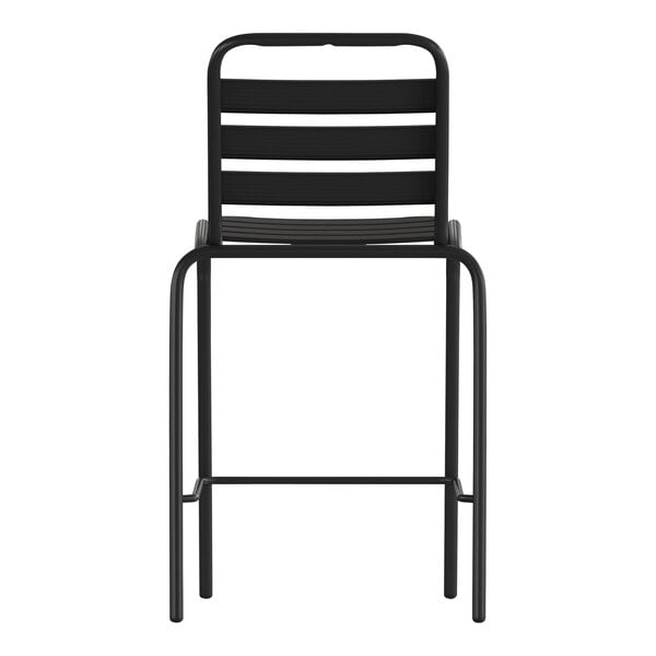 A Flash Furniture black aluminum slat stackable barstool with a black frame.
