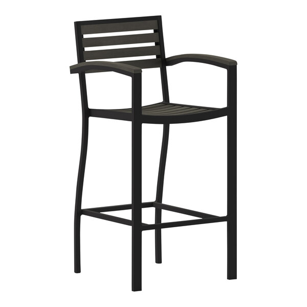 A black metal Flash Furniture outdoor restaurant bar stool with a faux wooden slat seat and arms.