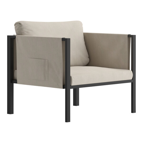 A Flash Furniture black steel armchair with beige cushions and storage pockets.