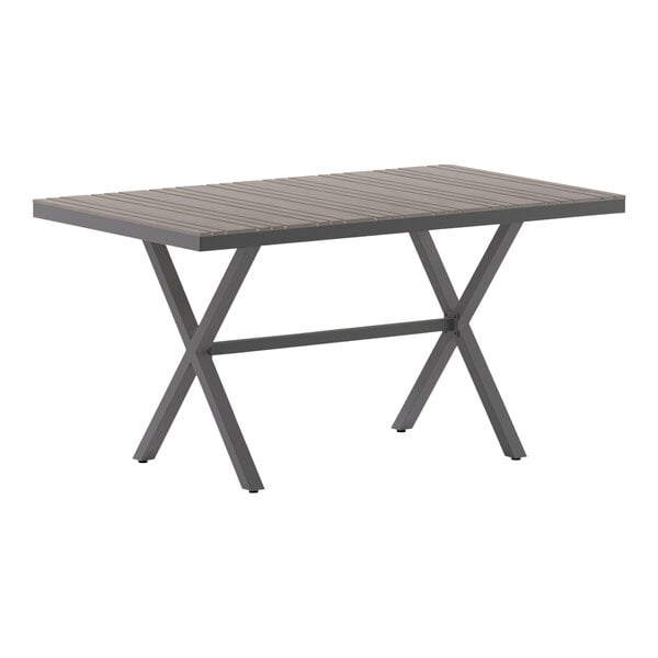 A Flash Furniture rectangular table with a gray faux teak top and metal X-frame.