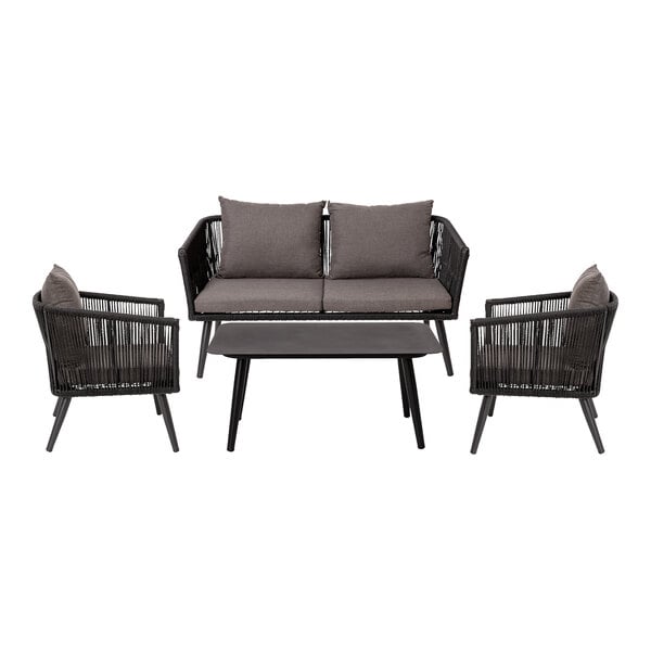 A Flash Furniture Kierra black patio set with grey cushions on a grey couch and chairs.