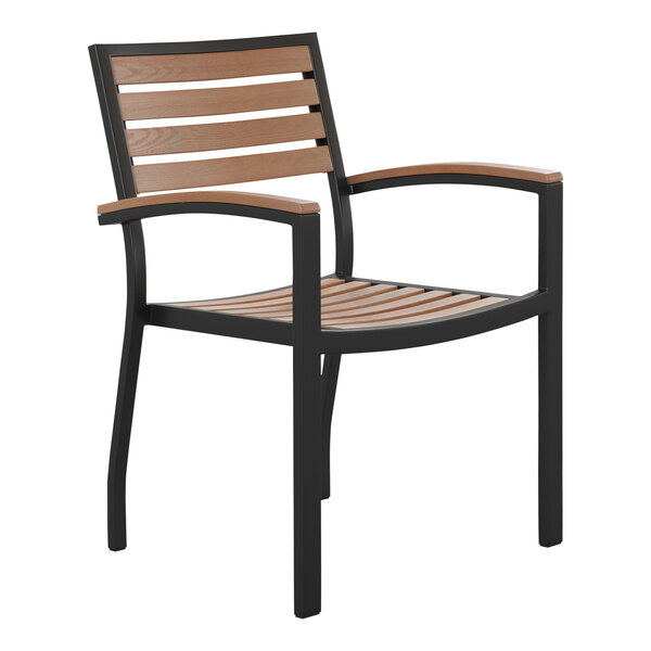 A Flash Furniture stackable arm chair with a wood slat seat and back.