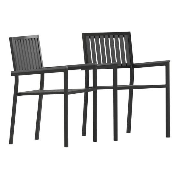 A pair of black Flash Furniture outdoor arm chairs.