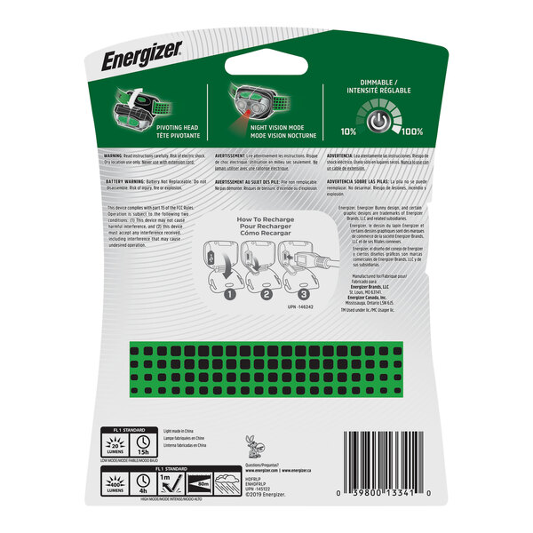 The package of an Energizer Vision Ultra HD Rechargeable LED Headlamp with a green and black device inside.