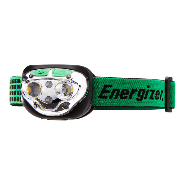 An Energizer headlamp with a green strap.