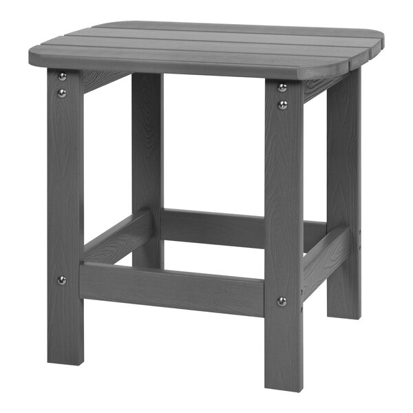 A gray wooden side table with metal legs.