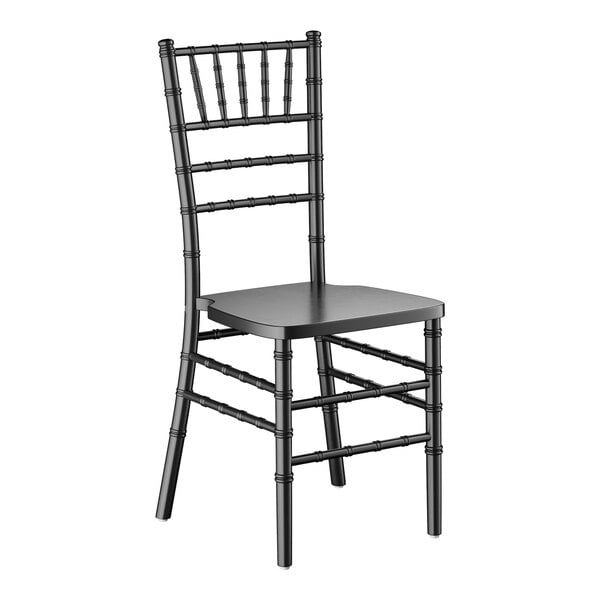 A black wooden Chiavari chair with a slatted back and decorative spindle detailing.