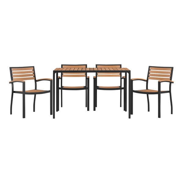 A Flash Furniture rectangular natural faux teak table and chair set with a black frame and wood slat chairs.