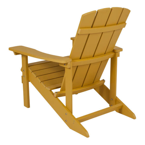 A yellow faux wood Adirondack chair with armrests.
