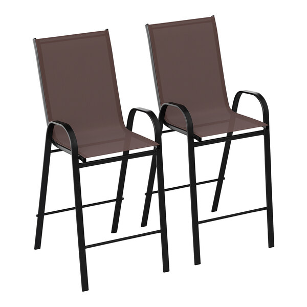 A pair of brown Flash Furniture barstools with black metal legs.