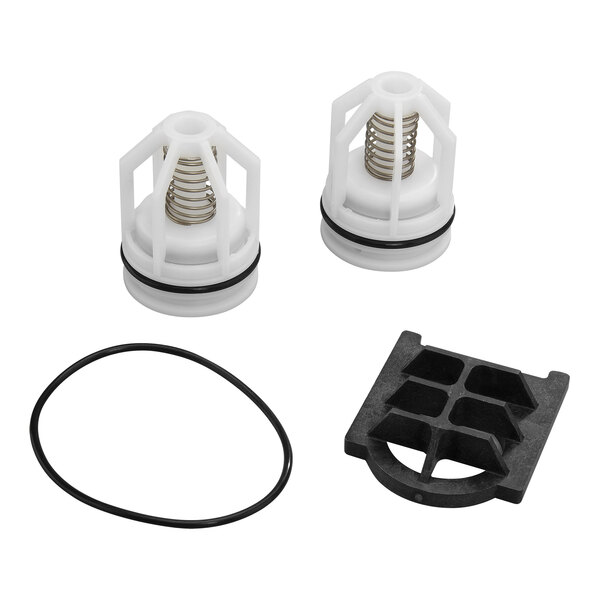 A white rubber seal and two white plastic valves.