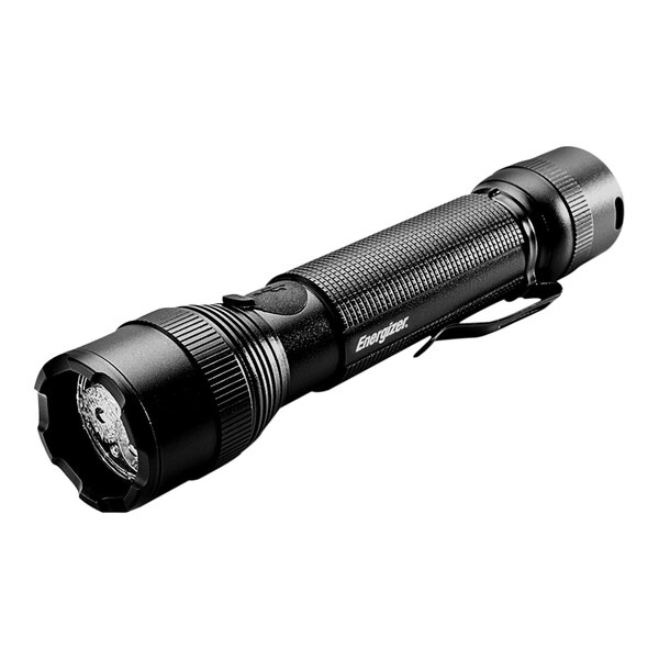 A black Energizer TAC-R 700 rechargeable tactical metal flashlight with a white background.