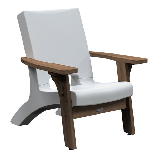 A white Mayne Mesa patio chair with wooden armrests and legs.