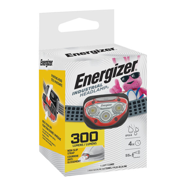 A box of Energizer Industrial 300 Lumen LED headlamps with one headlamp on it.