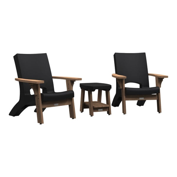 A black Mayne Mesa chair and table set with wooden accents.