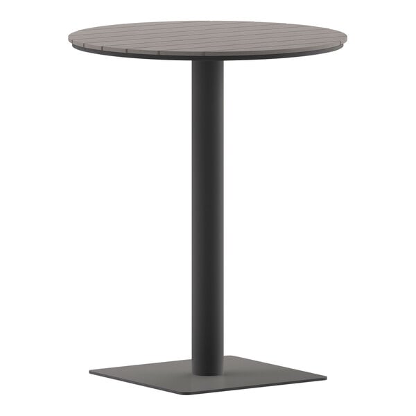 A black table with a round top and a black metal base.