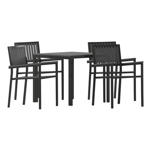 A Flash Furniture black polyresin table with four chairs on an outdoor patio.