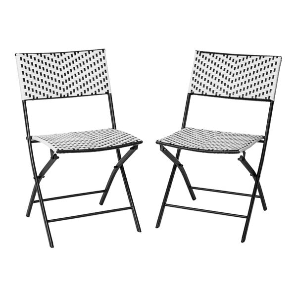 A pair of black and white Flash Furniture Rouen folding chairs with black steel frames and white mesh.