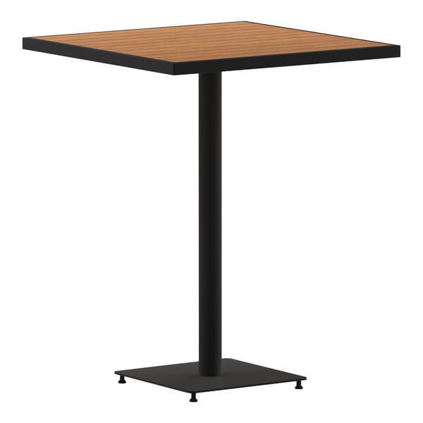 A Flash Furniture square table with a black base and a faux teak top.