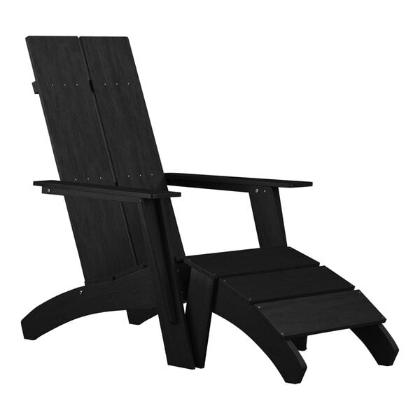 A Flash Furniture black faux wood Adirondack chair with ottoman.