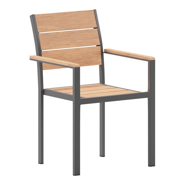 A Flash Furniture natural faux teak slat outdoor chair with a black metal frame.