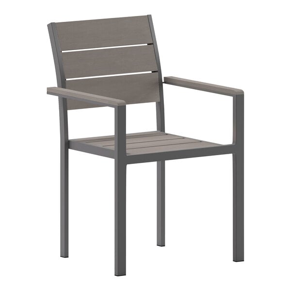 A gray Flash Furniture outdoor arm chair with faux teak armrests.