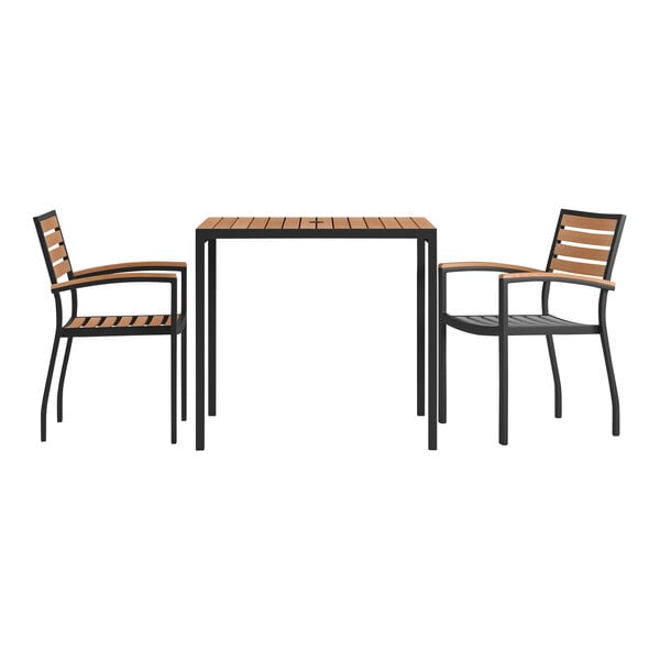 A Flash Furniture natural faux teak table with black trim and two chairs with a wood backrest.