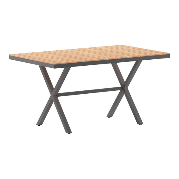 A Flash Furniture rectangular table with a faux wooden surface and gray metal X-frame.