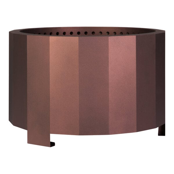 A round bronze steel fire pit with a curved design.