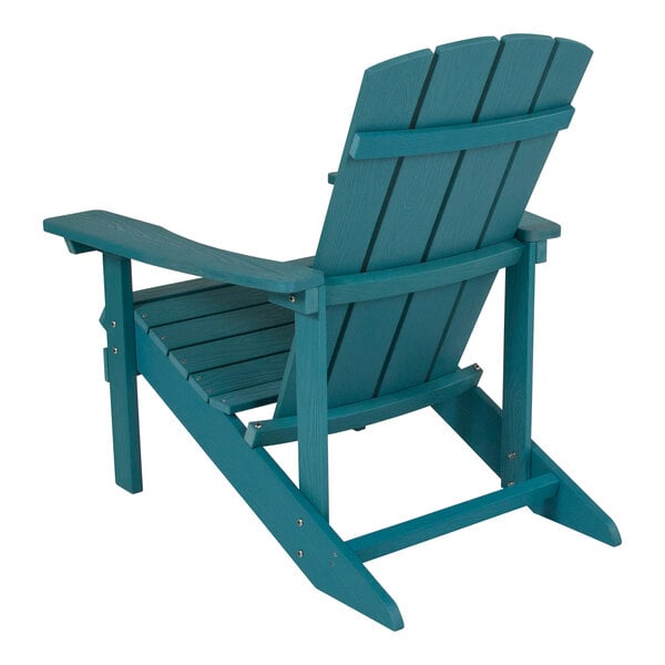 A teal faux wood Adirondack chair with a wooden seat.