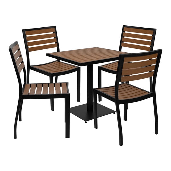 A Flash Furniture natural faux teak slat table and chair set with four chairs on a square table.