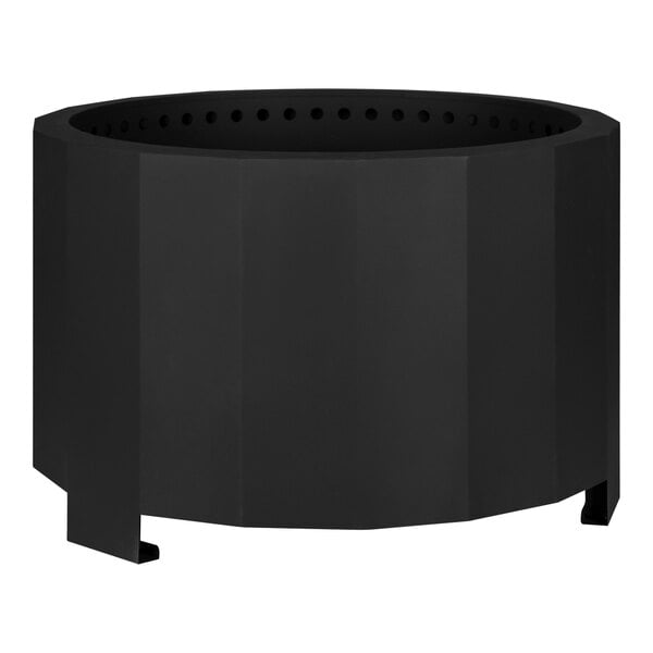 A black metal circular fire pit with legs and holes, with a lid.