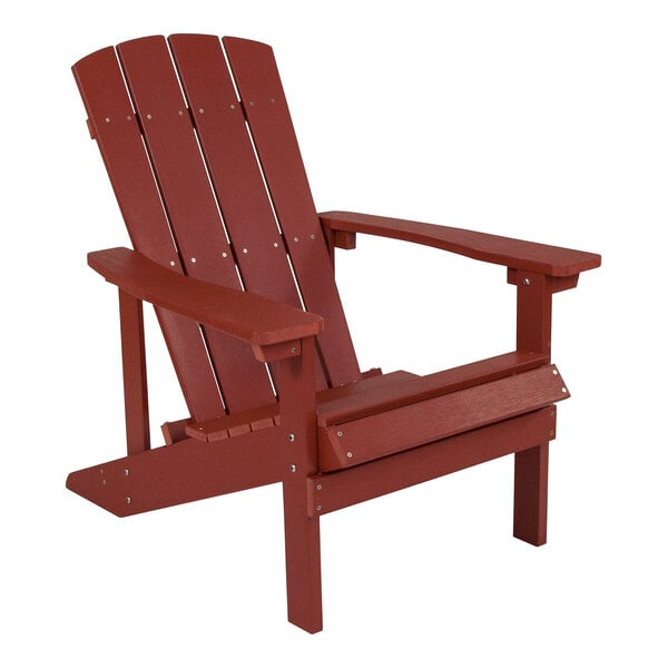 A red Flash Furniture faux wood Adirondack chair with armrests.