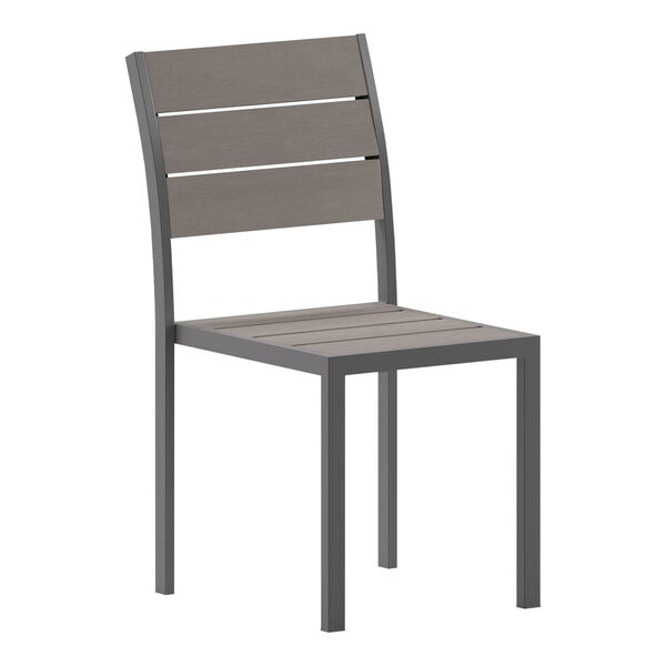 A Flash Furniture gray outdoor dining chair with a backrest and wooden slats.