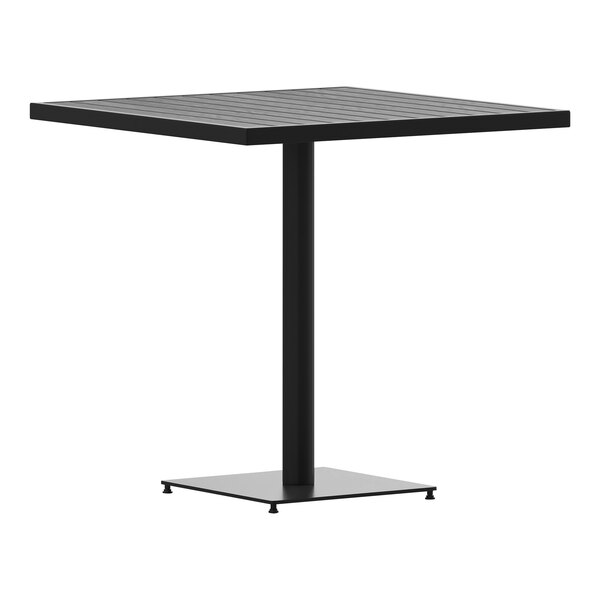 A Flash Furniture Lark black square table with a metal base.