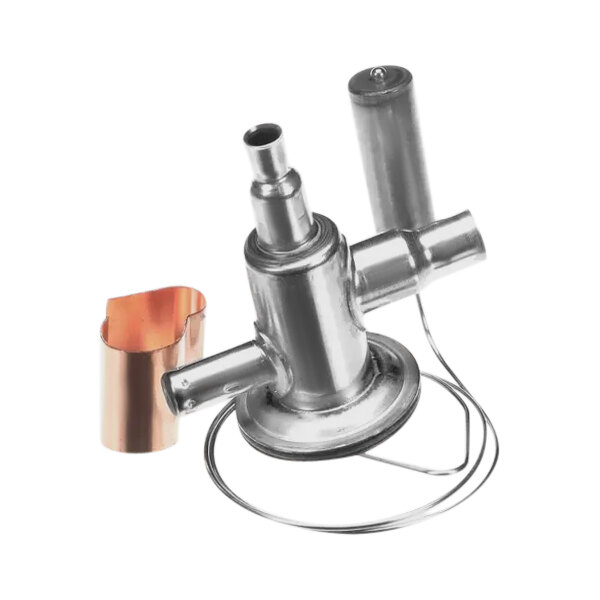 A close-up of a Manitowoc Ice expansion valve assembly with a copper pipe.