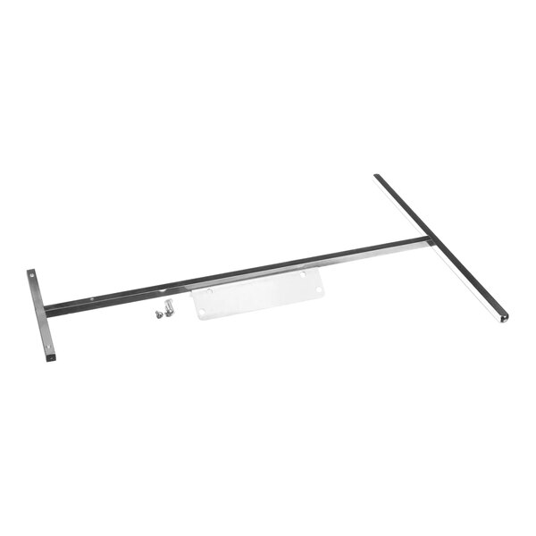 A metal shelf with a metal frame and screws.