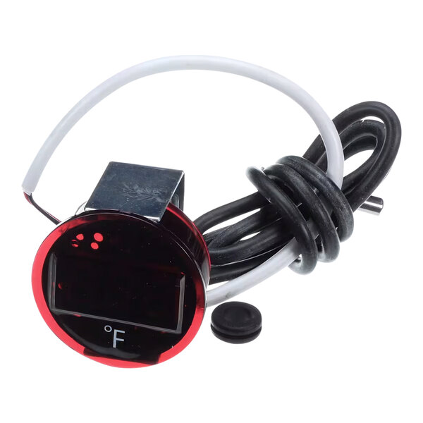 A digital thermometer with a round display, attached wires, and a temperature probe.