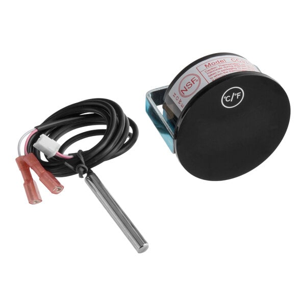 A digital thermometer with a probe and connecting wire.