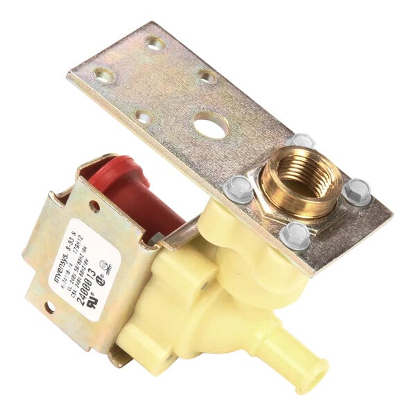 A close up of a Manitowoc water inlet valve with metal and plastic parts and a screw.