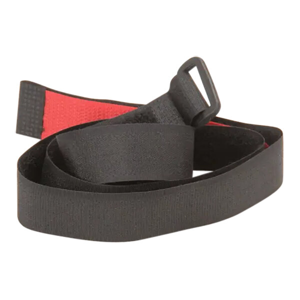 A close-up of a black belt with a red strap.