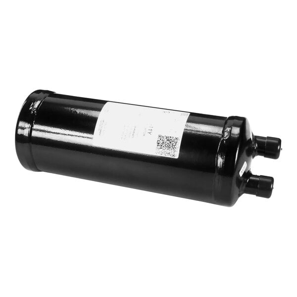 A black cylinder with a white label.