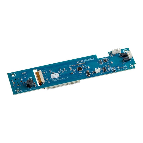 A rectangular blue circuit board with various electronic components, connectors, and soldered parts visible on its surface.