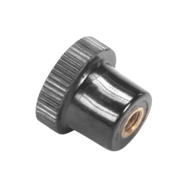 A black plastic Hatco thumb nut with a brass top.