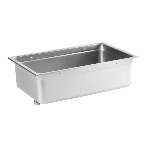 A rectangular stainless steel full pan with a drain fitting on the bottom.