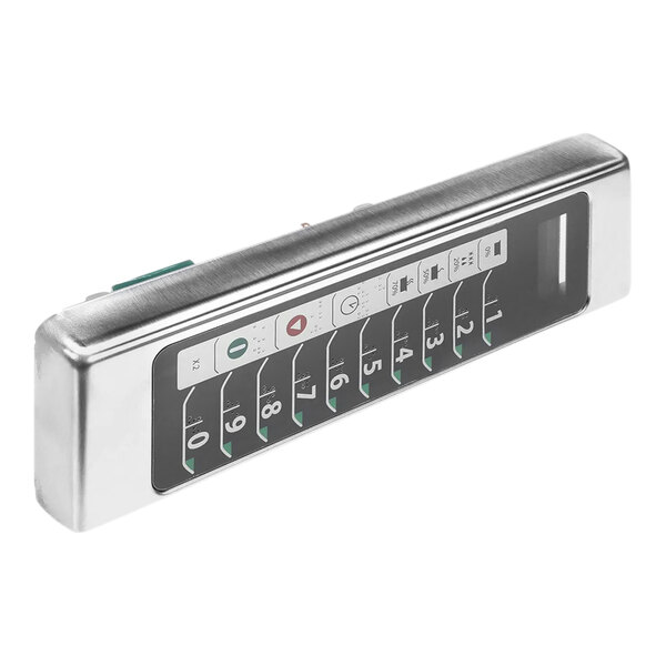 A silver rectangular Amana Commercial Microwaves touch control assembly with a metal keypad and buttons.