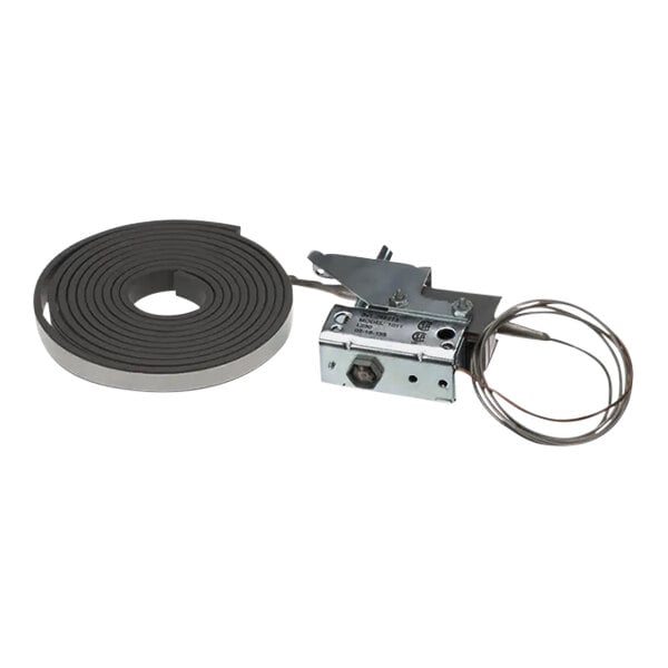 A metal Hatco air thermostat with a coil of wire.